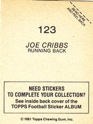 1981 Topps Stickers #123 Joe Cribbs Back