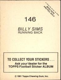 1981 Topps Stickers #146 Billy Sims Back