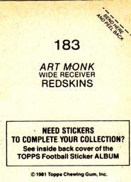 1981 Topps Stickers #183 Art Monk Back