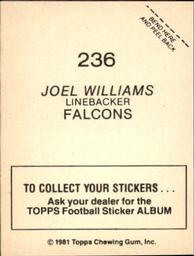 1981 Topps Stickers #236 Joel Williams Back