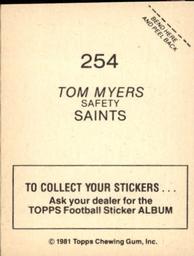 1981 Topps Stickers #254 Tom Myers Back