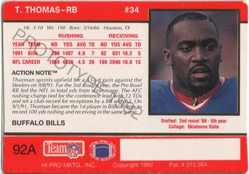 1992 Action Packed - Prototypes #92A Thurman Thomas Back