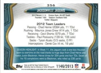 2013 Topps - Gold #356 Jacksonville Jaguars Back