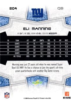 2008 Score Select #204 Eli Manning Back
