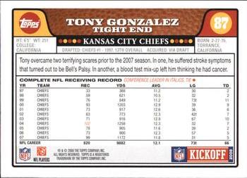 2008 Topps Kickoff #87 Tony Gonzalez Back