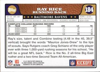 2008 Topps Kickoff #184 Ray Rice Back