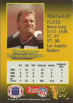 1991 Wild Card #107 Howie Long Back