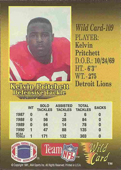 1991 Wild Card #109 Kelvin Pritchett Back