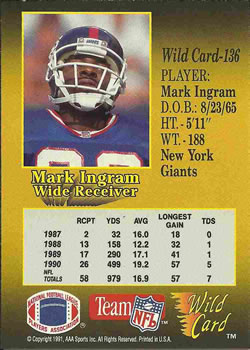1991 Wild Card #136 Mark Ingram Back