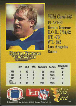 1991 Wild Card #153 Kevin Greene Back