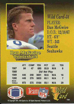 1991 Wild Card #34 Dan McGwire Back