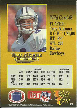 1991 Wild Card #68 Troy Aikman Back