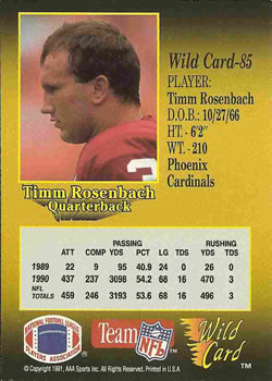 1991 Wild Card #85 Timm Rosenbach Back