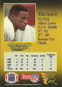 1991 Wild Card #87 Albert Lewis Back
