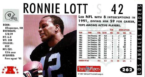 1992 GameDay #262 Ronnie Lott Back