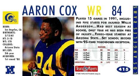 1992 GameDay #415 Aaron Cox Back