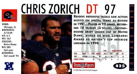 1992 GameDay #425 Chris Zorich Back