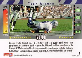 1993 Pro Set Power #8 Troy Aikman Back