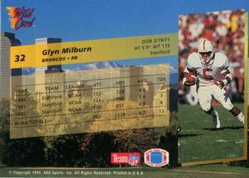 1993 Wild Card #32 Glyn Milburn Back
