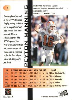 1998 Press Pass #1 Peyton Manning Back