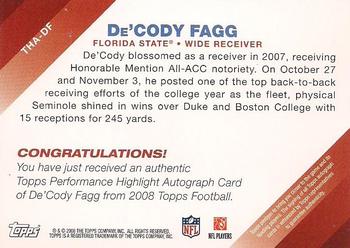 2008 Topps - Performance Highlights Autographs #THA-DF De'Cody Fagg Back