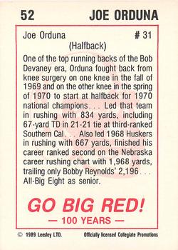 1989 Leesley Nebraska Cornhuskers 100 #52 Joe Orduna Back