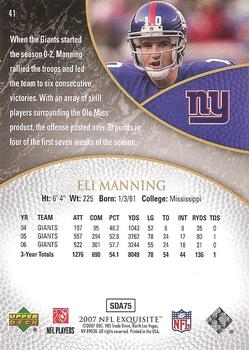 2007 Upper Deck Exquisite Collection #41 Eli Manning Back