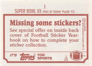 1986 Topps Stickers #1 Super Bowl XX Back