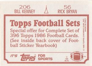 1986 Topps Stickers #56 / 206 Rick Bryan / Bill Kenney Back