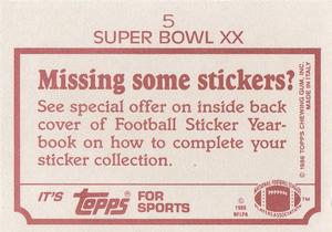 1986 Topps Stickers #5 Super Bowl XX Back