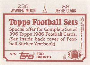 1986 Topps Stickers #88 / 238 Jessie Clark / Warren Moon Back