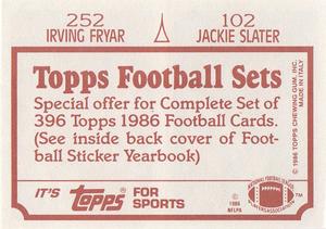 1986 Topps Stickers #102 / 252 Jackie Slater / Irving Fryar Back