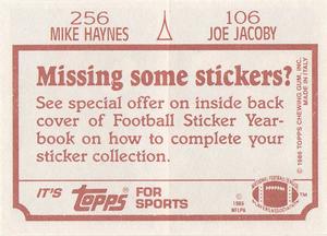 1986 Topps Stickers #106 / 256 Joe Jacoby / Mike Haynes Back