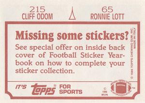 1986 Topps Stickers #65 / 215 Ronnie Lott / Cliff Odom Back