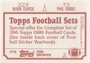 1986 Topps Stickers #73 / 223 Phil Simms / Mark Duper Back