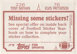 1986 Topps Stickers #76 / 226 Elvis Patterson / Tony Nathan Back