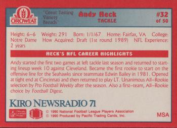 1990 Pacific Oroweat Seattle Seahawks #32 Andy Heck Back