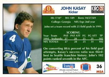 1992 Pacific Oroweat Seattle Seahawks #36 John Kasay Back