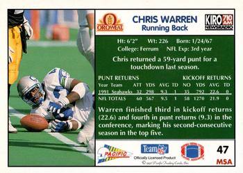 1992 Pacific Oroweat Seattle Seahawks #47 Chris Warren Back