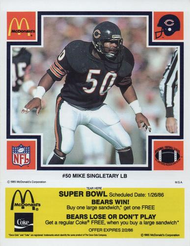 1985 McDonald's Chicago Bears - Yellow Tab #NNO Mike Singletary Front