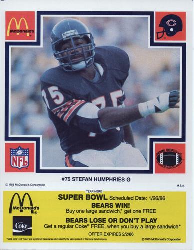 1985 McDonald's Chicago Bears - Yellow Tab #NNO Stefan Humphries Front
