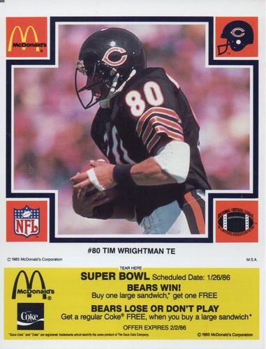 1985 McDonald's Chicago Bears - Yellow Tab #NNO Tim Wrightman Front