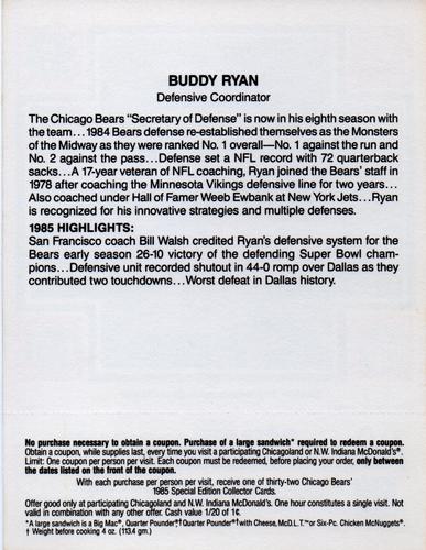 1985 McDonald's Chicago Bears - Yellow Tab #NNO Buddy Ryan Back