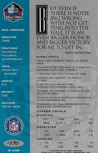 1998 Ron Mix HOF Autographs - Platinum #NNO Paul Hornung Back