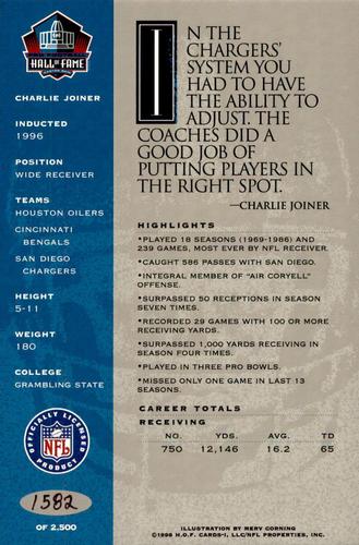 1998 Ron Mix HOF Autographs - Platinum #NNO Charlie Joiner Back