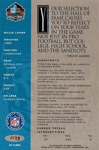 1998 Ron Mix HOF Autographs - Platinum #NNO Willie Lanier Back