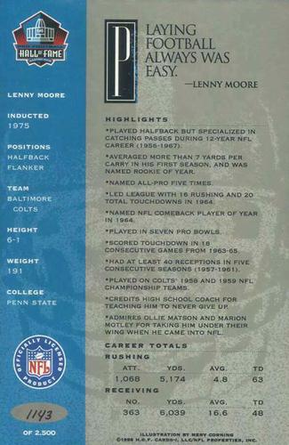 1998 Ron Mix HOF Autographs - Platinum #NNO Lenny Moore Back