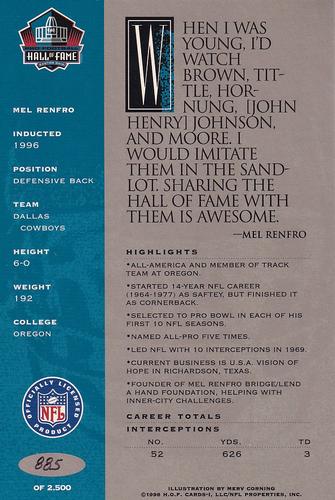 1998 Ron Mix HOF Autographs - Platinum #NNO Mel Renfro Back