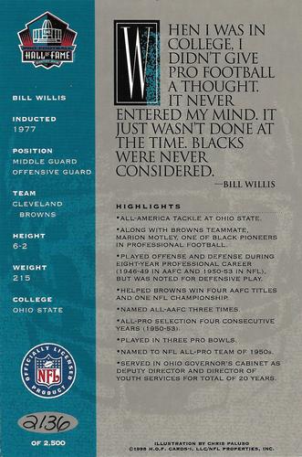 1998 Ron Mix HOF Autographs - Platinum #NNO Bill Willis Back