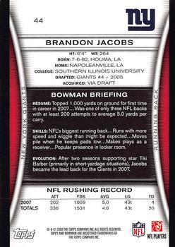 2008 Bowman #44 Brandon Jacobs Back